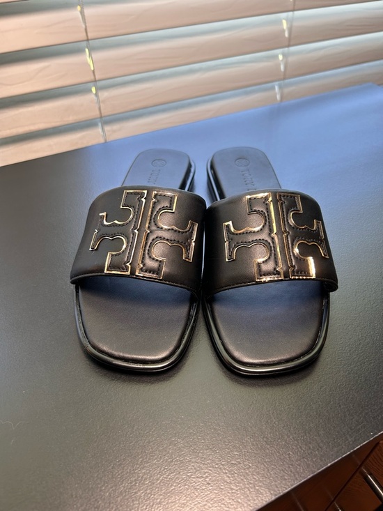 Tory Burch Shoes - Tory Burch Black Leather DOUBLE T SPORT SLIDE Sandals with Gold Trim Logo 7.5